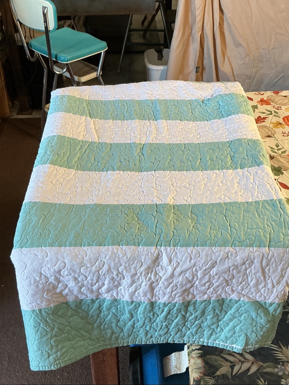 Striped Teal and White Quilt Reversible with Turtles & Matching Shams.